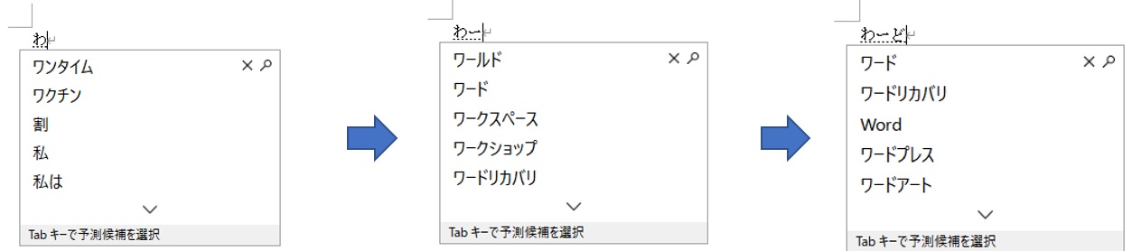 1文字入力するたびに予測候補の表示が変わる。数文字入力すると、目的の用語が表示される場合もある。「Tab」キーで選択するか、候補をマウスでクリックして挿入する