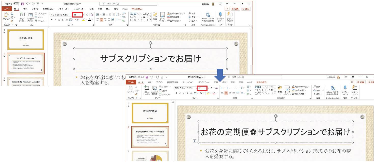 プレースホルダーに文字を追加して入力していたら、自動的にフォントサイズが変更されてしまった。これは文字が収まるようにプレースホルダーが自動調整されるように設定しているためだ