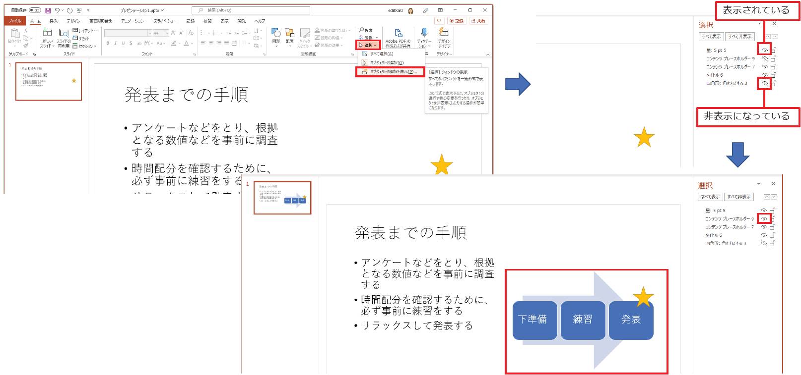 「ホーム」タブの「編集」グループの「選択」ボタンの「オブジェクトの選択と表示」をクリックして、「選択」ウィンドウを表示する。一覧の右側のアイコンで表示または非表示になっているかを確認しよう。表示を切り替えるには、そのアイコンをクリックすればよい