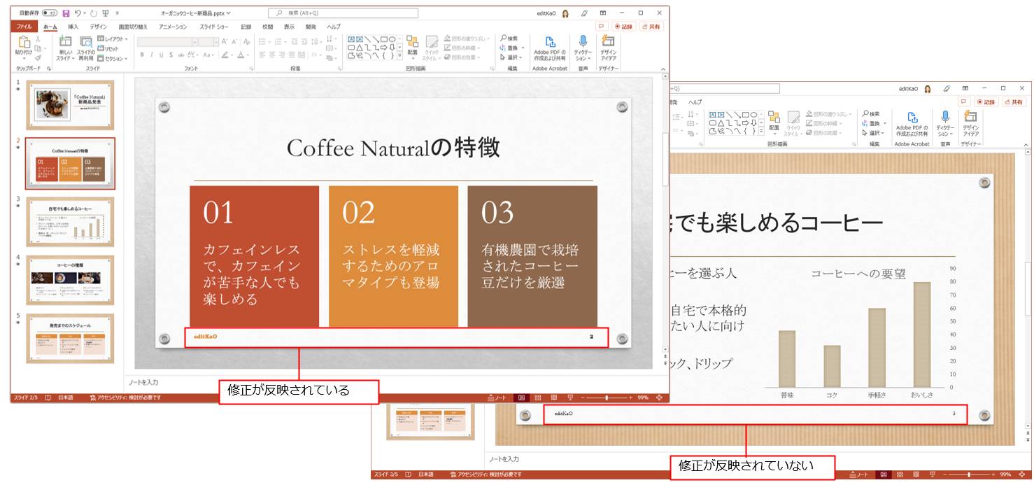 マスター表示を閉じると、社名とノンブルの書式が変更されているのが確認できた。ただし、次のページに移動すると書式が反映されていない