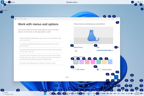 「Show numbers」と発話すると、画面上の各コントロールに番号が表示される。次に、番号を発話することで、対象のコントロールを選択できる