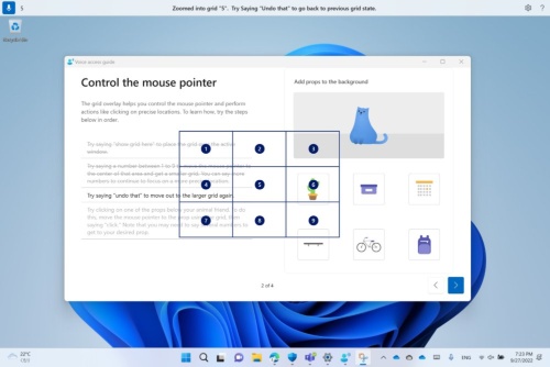 上図の画面で(5)を発話し選択。(5)の領域内に新たに番号が付いたグリッドが表示される。マウスカーソルは、選択した領域の中心に移動する。これを繰り返して、目的の箇所にマウスカーソルを移動させる。この画像の例では、(6)を発話で選択し、次に「Click」と発話すると、サボテンアイコンのボタンを選択できる