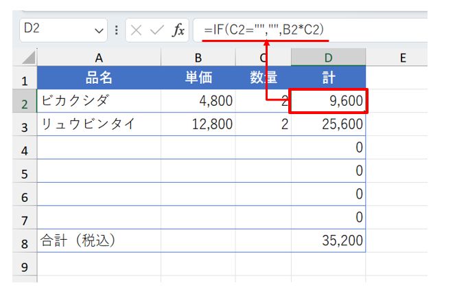 「数式バー」を見ると、D2の数式が「=IF(C2="","",B2*C2)」に書き換わっている