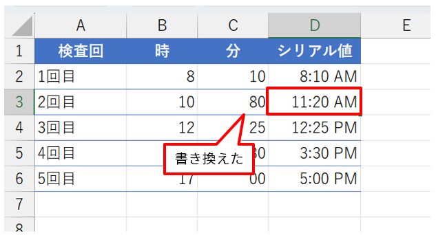C3を「80」に書き換えた。時刻のシリアル値は「10:00 AM」から「11:20 AM」に書き換わった