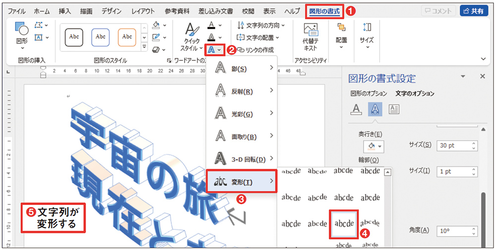 図7 「図形の書式」タブの「文字の効果」メニューを開き、「変形」サブメニューから「凸レンズ：下」を選ぶ（1）～（4）。文字列全体が変形される（5）