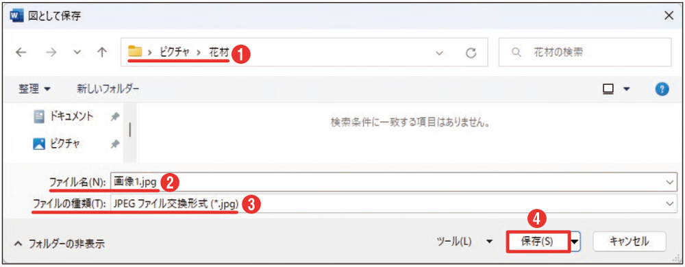 図5 表示される画面で画像ファイルの保存先を指定（1）。「ファイル名」と「ファイルの種類」は自動表示されるので、必要に応じて変更する（2）（3）。「保存」ボタンをクリックする（4）。これでトリミングとサイズ変更をした状態の画像が保存される