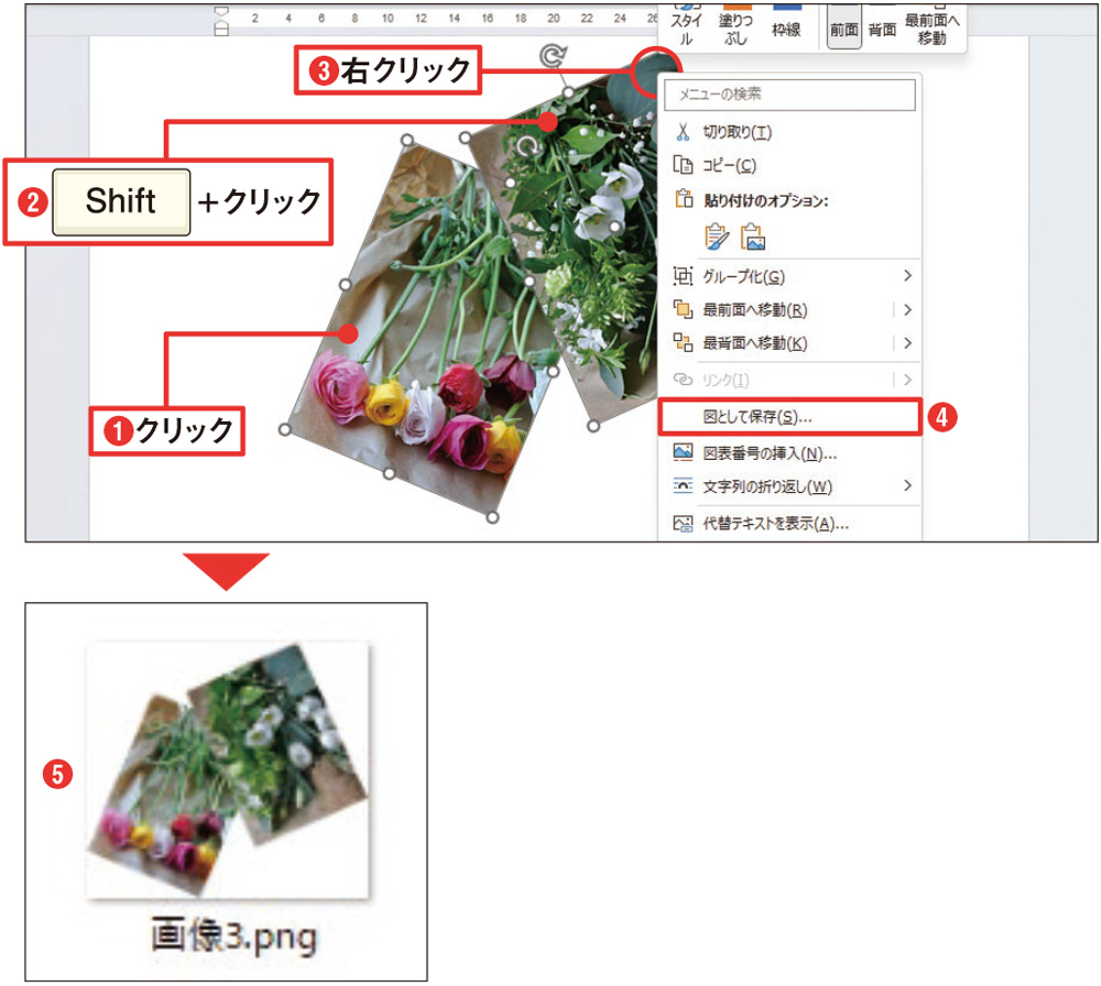 図15 複数の画像のレイアウトをそのまま保存することも可能。ここでは2つの画像を同時に選択した（1）（2）。2つめ以降の画像は「Shift」＋クリックで選択できる。一方の画像を右クリックして「図として保存」を選び（3）（4）、表示される画面で保存の操作をする。ここでは、画像をPNG形式のファイルで保存した（5）