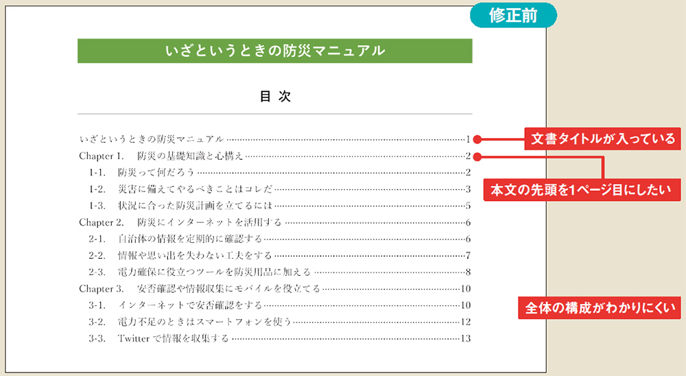 図1 Wordで目次を作成すると、不要な文書タイトルが入ったり、デザインにメリハリがなくて構成がわかりにくかったりすることがある。表紙がある文書では、2ページ目の本文の先頭を1ページ目にしたい場合もある