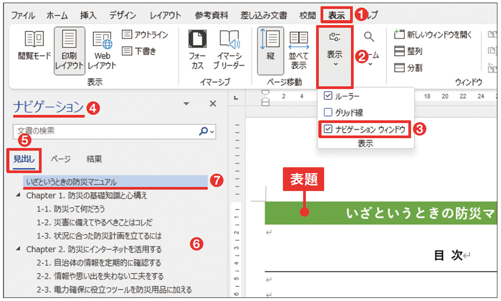 図4 「表示」タブにある「ナビゲーションウィンドウ」をチェックすると「ナビゲーション」ウインドウが開き、「見出し」パネルに目次項目が一覧表示される（1）～（6）。作例では、「表題」スタイルを適用した文書タイトルも表示された（7）