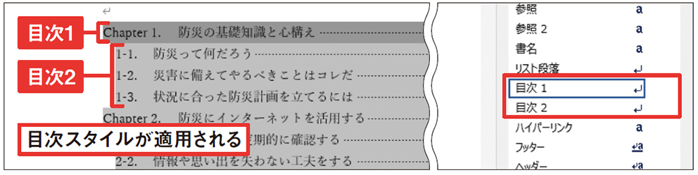 図8 目次にはレベルごとに「目次1」「目次2」などの目次スタイルが適用される。確認するときは見出しの行全体を選択する。なお、目次は「フィールド」という要素になり、操作によって網かけ表示されることがある