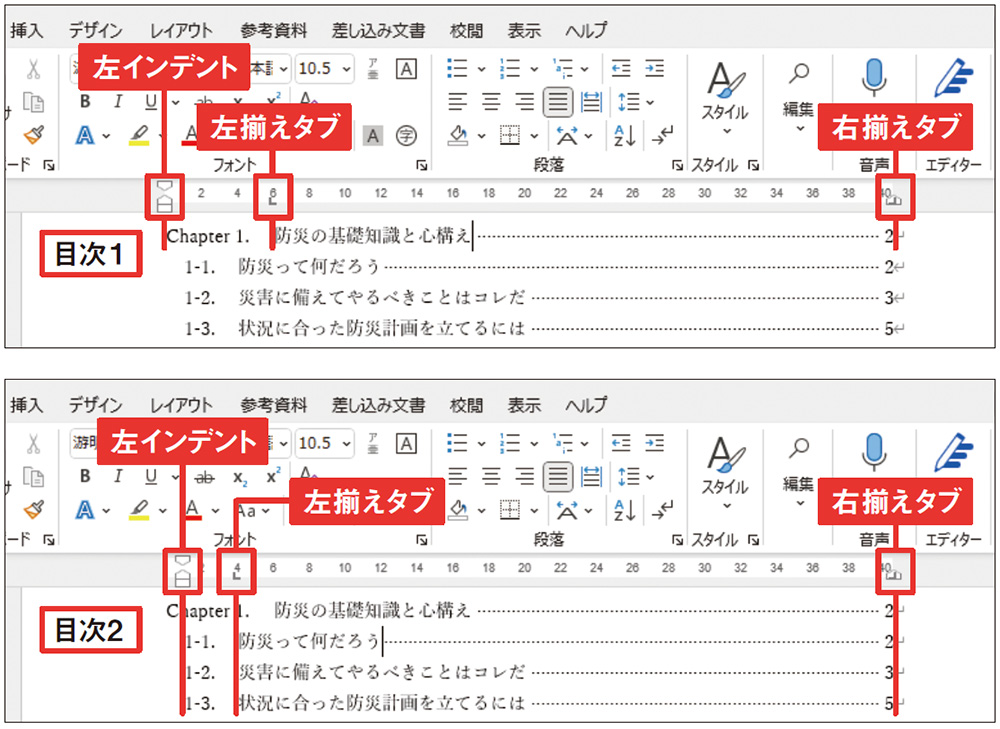 タブとインデントで目次の配置を調節する