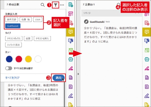 図1 注釈欄の「フィルター」をクリックし、「注釈記入者」から表示させたい記入者だけを選択して「適用」をクリックする(左)。選択した記入者のコメントだけが表示される(右)