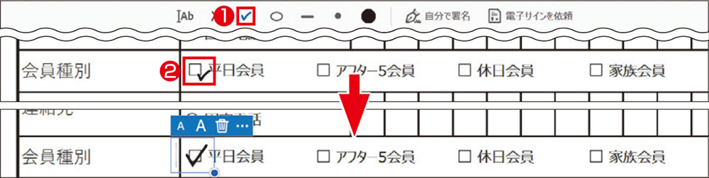 図6　「チェックマークを追加」ツールを選択して、チェックボックスをクリックすると、チェックボックスに合わせてチェックマークが表示される