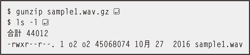 図4　gz形式の圧縮ファイルを解凍する「gunzip」コマンドの実行例