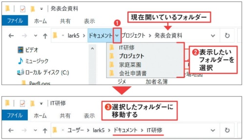 クリック1つで上の階層にある別のフォルダーへ
