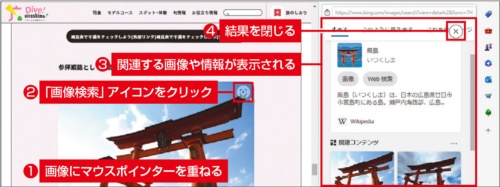 図2 Webページ中の画像から、類似画像や関連情報などを検索できる。マウスポインターを画像に重ね、右上に現れる「画像検索」をクリックする