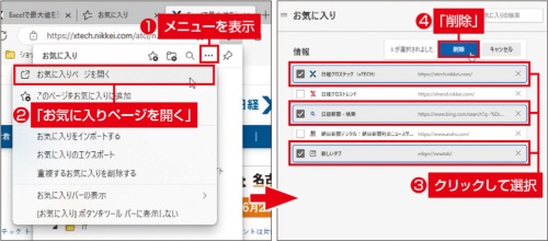 図4 全てのお気に入りを表示した状態で、この画面の「…」でメニューを開き、「お気に入りページを開く」を選ぶ(左)。詳細な管理画面が表示され、複数のお気に入りをまとめて削除することなどもできる(右)