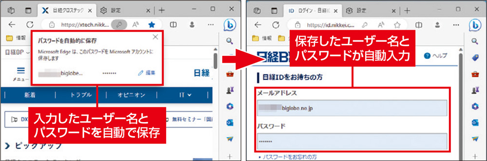 図1　Webサイトでアカウント名とパスワードを入力すると、自動でEdgeに記録される（左）。以後、パスワードなどの入力画面で自動入力される（右）