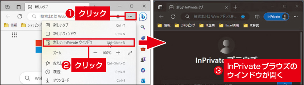 図1　画面右上の「…」（設定など）をクリックし「新しいInPrivateウィンドウ」を選ぶ（左）。閲覧履歴などが残らないInPrivate画面が開く（右）
