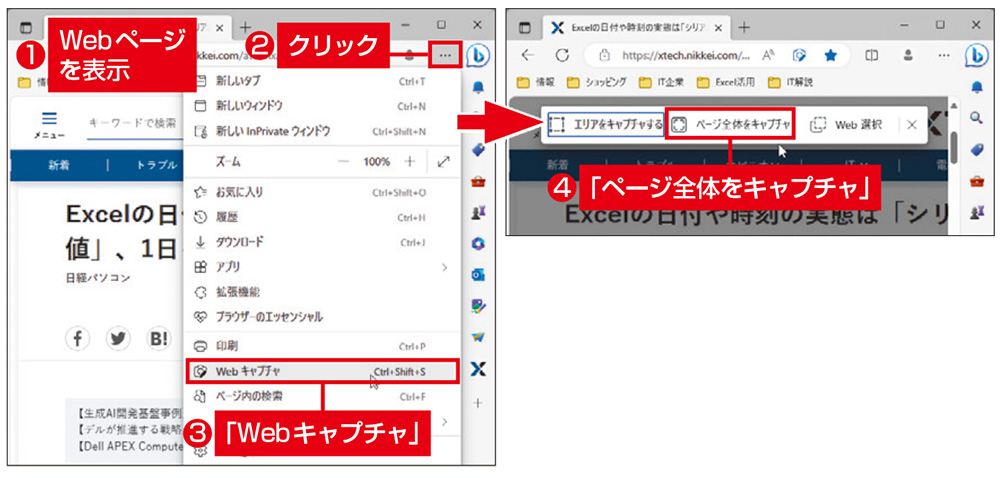 図1　Webページを開いた状態で、「…」（設定など）をクリックし、メニューから「Webキャプチャ」を選ぶ（左）。開く画面で画像にする領域を選ぶ。全体を保存するときは「ページ全体をキャプチャ」を選ぶ（右）