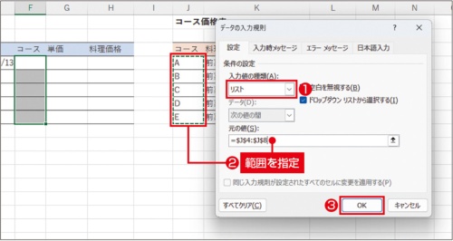 図8 「データの入力規則」画面の「入力値の種類」で「リスト」を選択。「元の値」欄にカーソルを置き、J4~J8セルをドラッグしてそのセル参照を入力。「OK」をクリックする