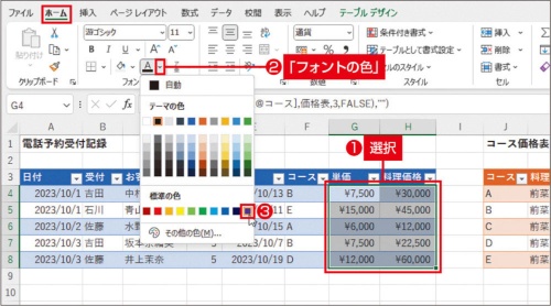 図21 数式セルは、コース未選択時にも空白ではなく0を表示させ、文字色でデータのセルと区別できるようにしよう。G4~H8セルを選択し、「ホーム」タブの「フォントの色」の「▼」から「紫」を選ぶ