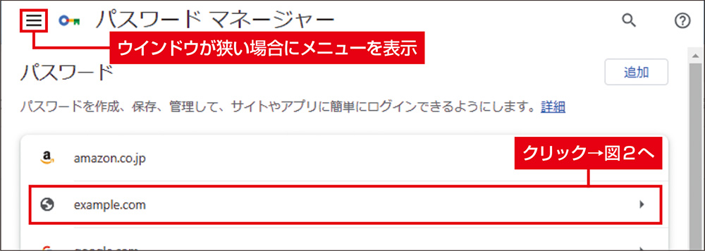 図1　Chromeのパスワードマネージャー。IDとパスワードを保存しているWebサイトが一覧で並んでおり、クリックするとそれぞれの情報を確認できる