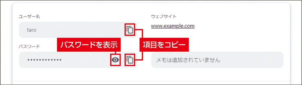 図2　Webサイトごとの情報表示。ユーザー名やパスワードのコピー、パスワードの確認、情報の修正などができる。複数アカウントも保存される