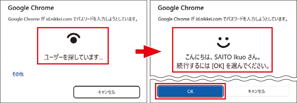 図3　ログイン情報を自動入力するとき、Windows Helloによる本人確認（生体認証やPIN入力）が求められ（左）、確認後、「OK」ボタンで入力される（右）