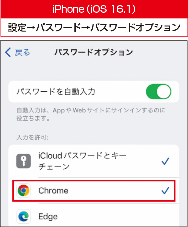 図2　iOSでは、標準の「iCloudパスワードとキーチェーン」とほかのアプリ1つを自動入力に併用できる