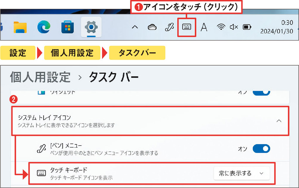 図14 タッチキーボードは、システムトレイのアイコンをクリックすると手動で呼び出せる（1）。「設定」アプリから「個人用設定」→「タスクバー」の順に画面を開いて設定を有効にすると、アイコンを常時表示できる（2）