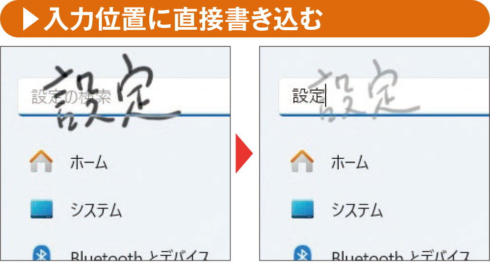 図22 専用の手書きパネルを使わず、入力位置に直接手書きした文字をテキスト（活字）に変換して入力する「シェル手書き入力」。「設定」アプリの検索ボックスの上で手書きした文字がテキストに変換されている