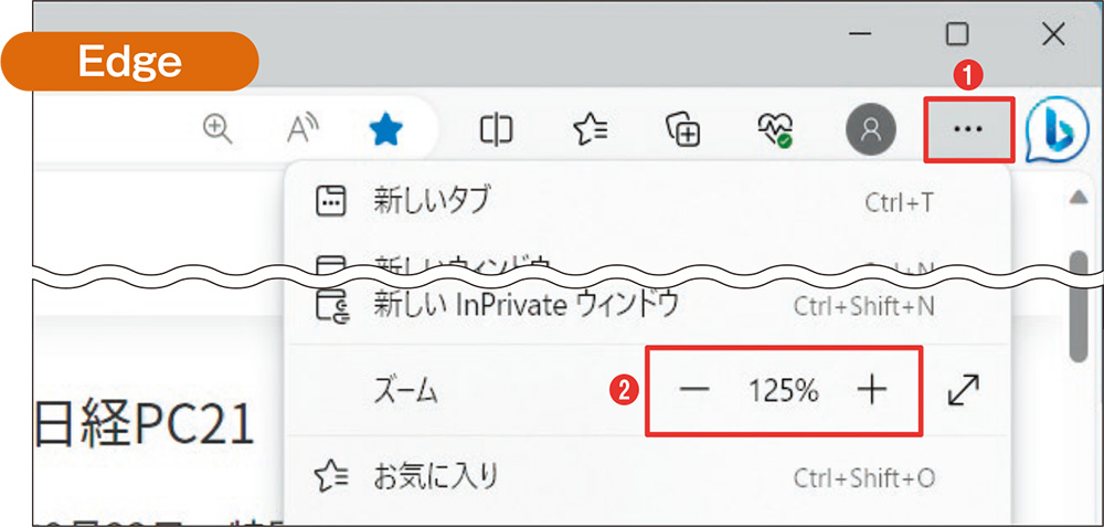 Edgeではメニューからズーム