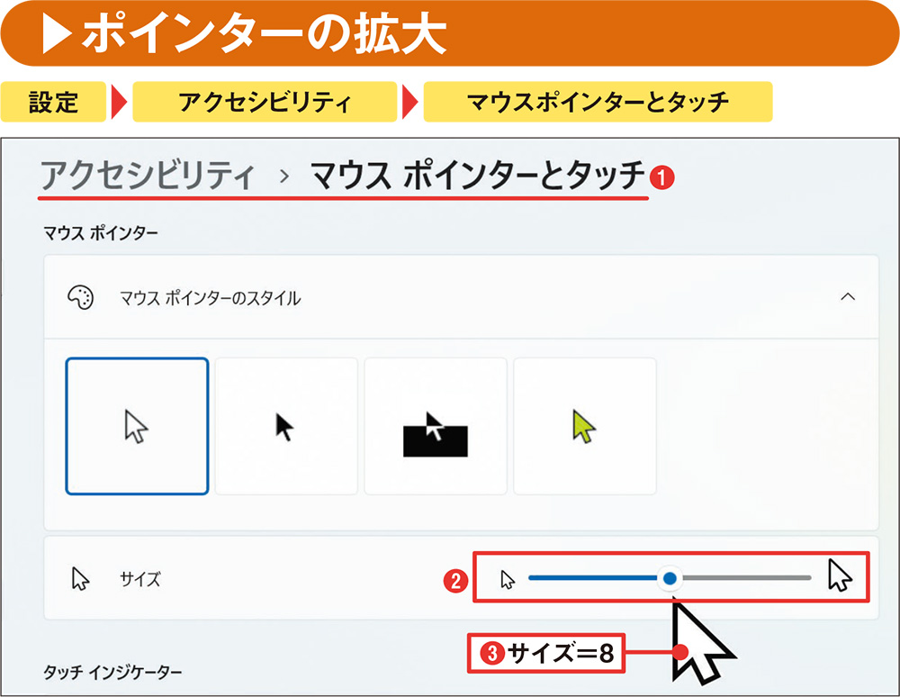 図12 「設定」アプリの「アクセシビリティ」→「マウスポインターとタッチ」の画面で（1）、ポインターのサイズを変更できる（2）。スライダーを中央の「8」に合わせたときの表示サイズは（3）の大きさになる