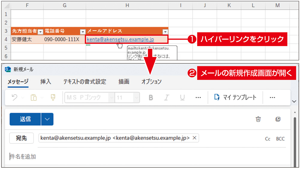 図14　ハイパーリンクが設定されたセルにマウスポインターを重ねると、指を伸ばした手の形になる（上）。クリックすると標準のメールアプリが自動で開き、そのアドレスを宛先とするメールの新規作成画面になる（下）