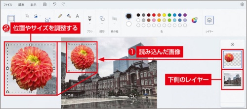 図1 背景を削除した写真を上側のレイヤーに読み込んだら、マウスで位置を動かしたり、画像周囲の四角形をドラッグしてサイズを変えたりして配置する