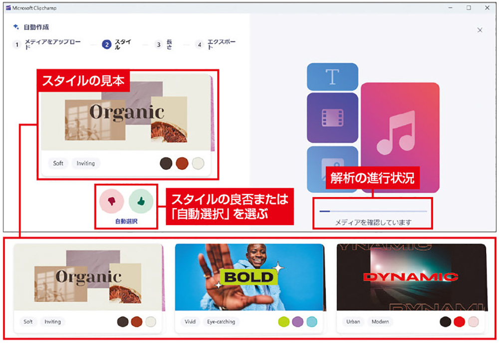 図1　「スタイル」の画面では、表示されるスタイルの見本について自分の好き嫌いを伝えるか、「自動選択」を選ぶ。同時に、素材の解析も進行している
