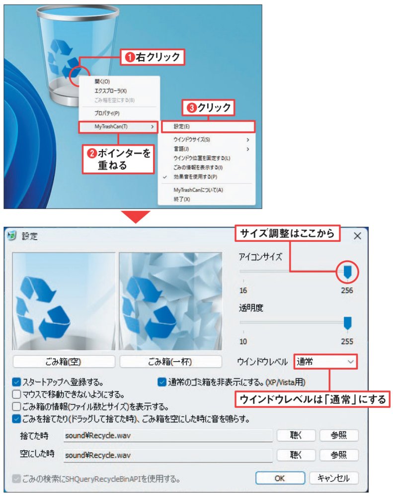 図11 巨大なごみ箱アイコンのせいでほかのアプリが見にくいときは、アイコンのサイズを見直そう。アイコンの右クリックメニューから「MyTrashCan」→「設定」の順に選択（1）～（3）。開いた画面でサイズや透明度を調整する