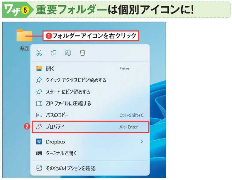 図12 たくさんある中でもひと目で見分けられるフォルダーを作ってみよう。まず変更したいフォルダーを右クリックし、開いたメニューから「プロパティ」を選ぶ（1）（2）