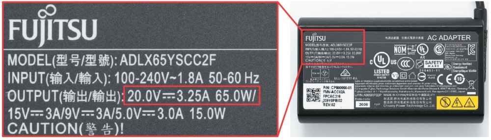 図6 PD充電に対応したノートパソコンに付属する充電器（AC電源アダプター）の裏面の例。この機種は20.0V×3.25Aで65.0Wが最大出力だ。従って、65W以上を出力できる充電器を購入すればよい。電圧（V）と電流（A）しか記載されていない場合は、両者を掛けて電力（W）を計算する。写真のパソコン付属充電器のような英語（中国語）表記でも「V」「A」「W」を見ればよい