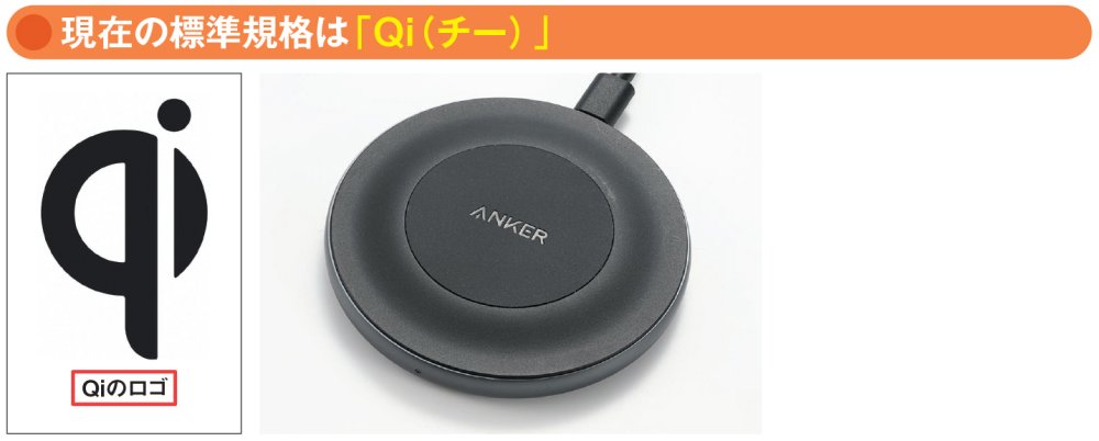 図2 以前はワイヤレス充電規格が乱立していたが、現在はWPC（Wireless Power Consortium）が策定した「Qi（チー）」がほぼ標準になっている。ワイヤレス充電ができるスマホなどはQi対応だ。充電器もQi対応の製品を購入すれば間違いない