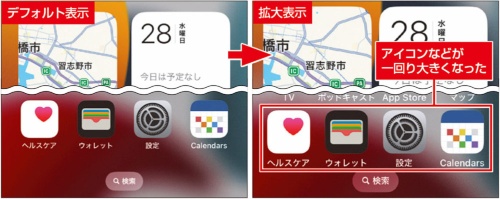 図3 図2を実行すると、拡大表示に切り替わる(右)。左のデフォルト表示と比べると、アイコンなどが大きくなり、画面いっぱいに並ぶようになった