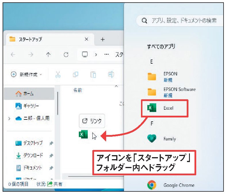 図3 「スタートアップ」フォルダーが開くので、ここに起動させたいアプリのショートカットを入れる。スタートメニューの「すべてのアプリ」を表示し、「スタートアップ」フォルダー内へアプリのアイコンをドラッグする