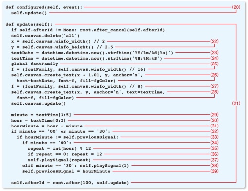 リスト7●DigiClockクラスのconfiguredメソッド、updateメソッド(DigiClock.pyの一部)