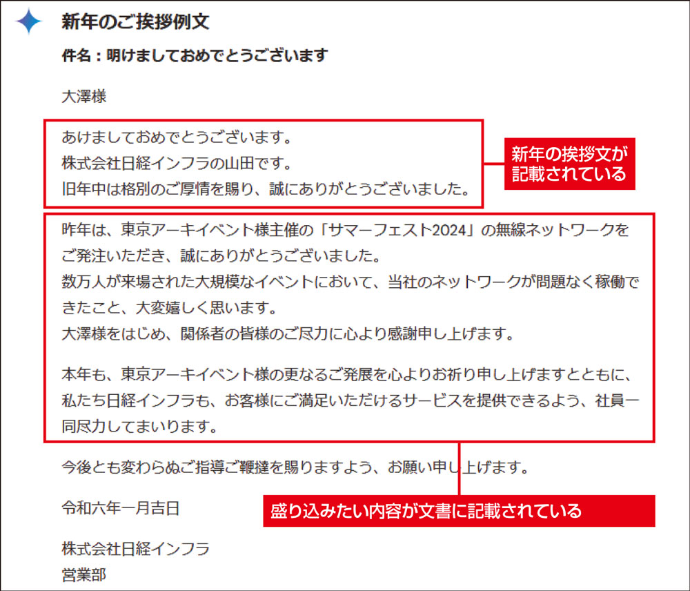 図6　図5 の指示でGeminiが生成した文書。盛り込むよう指示した内容が入った文書が作成された。もし、変えたい部分がある場合は、その点を明確に指示すれば書き直される