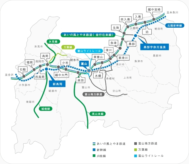 図●石動駅から越中宮崎駅まで、富山県を東西に走るあいの風とやま鉄道の路線区間