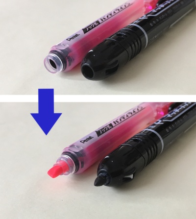 写真1　ノック式ボールペン感覚で使える「ノック式ハンディラインS」（全6色）、「マッキーノック 細字」（全5色）