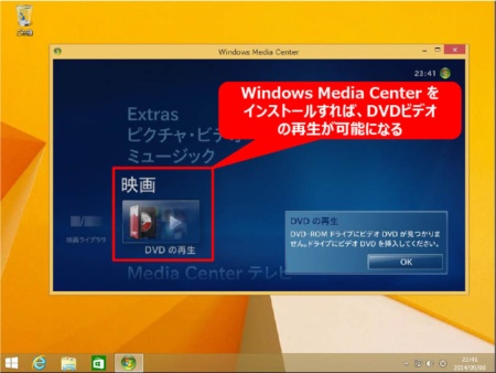 図1●「Windows Media Center」<br>Windows 8.1 には「DVDコーデック」がないため、DVDビデオの再生には、フリーやサードパーティ製の再生ソフトが必要になる。Microsoft純正ソフトとしては、Windows Media Centerを購入することで、DVDビデオの再生が可能になる。