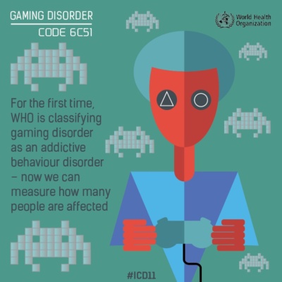 国際疾病分類ICD-11に登録された「ゲーム依存」の啓発画像。ゲーム依存は、疾病の１つとして「6C51」というコードが割り振られている