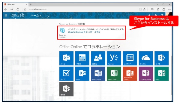 図2●Office 365のホーム画面で「Skype for Businessをインストールする」をクリックする。ホーム画面を表示しているブラウザー以外のアプリは、あらかじめ終了しておこう